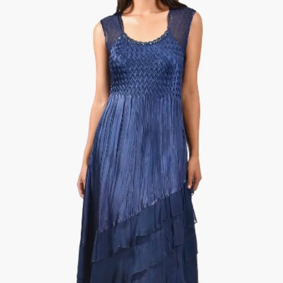 KOMAROV CHIFFON & CHARMEUSE TIERED MIDNIGHT NAVY MIDI COCKTAIL DRESS sz XL - Picture 1 of 6